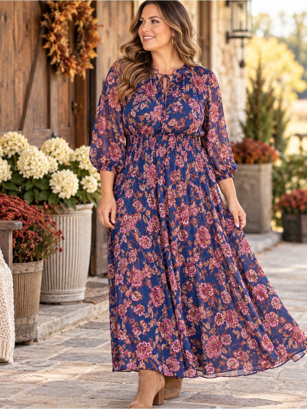 Vince Camuto Metallic Floral Tie Neck Maxi Dress NWT 1X